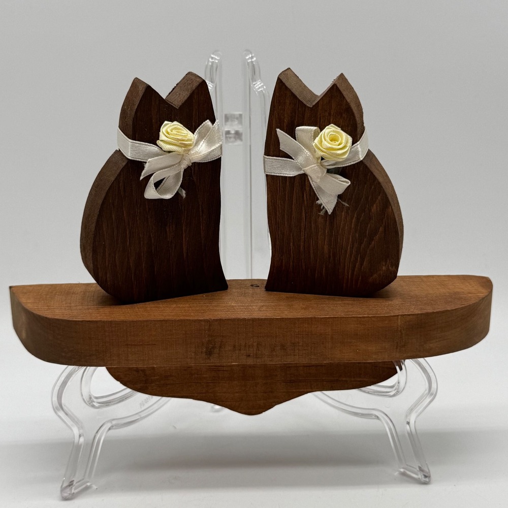 Vintage 1980s Country Folk Art Twin Cats Wooden Mini Wall Display Ledge Shelf
